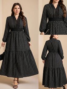 Comfylo Plus Polka Dot Print Guipure Lace Insert Lantern Sleeve Dress - Black and White - View 2