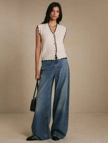 Poéselle Women's Summer Autumn Winter New Fashion Curved Hem Single-Breasted Knit Vest - Light Grey - View 3