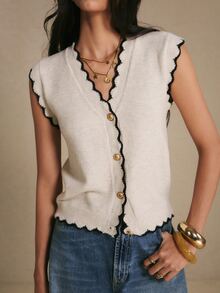 Poéselle Women's Summer Autumn Winter New Fashion Curved Hem Single-Breasted Knit Vest - Light Grey - View 2