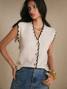 Poéselle Women's Summer Autumn Winter New Fashion Curved Hem Single-Breasted Knit Vest - Light Grey - View 5