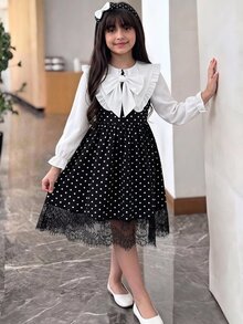 少女女孩優雅對比色大領波點蕾絲拼接下擺洋裝，校園風返校季優雅黑色洋裝，派對洋裝 - 黑色 - 查看 4