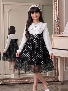 少女女孩優雅對比色大領波點蕾絲拼接下擺洋裝，校園風返校季優雅黑色洋裝，派對洋裝 - 黑色 - 查看 2