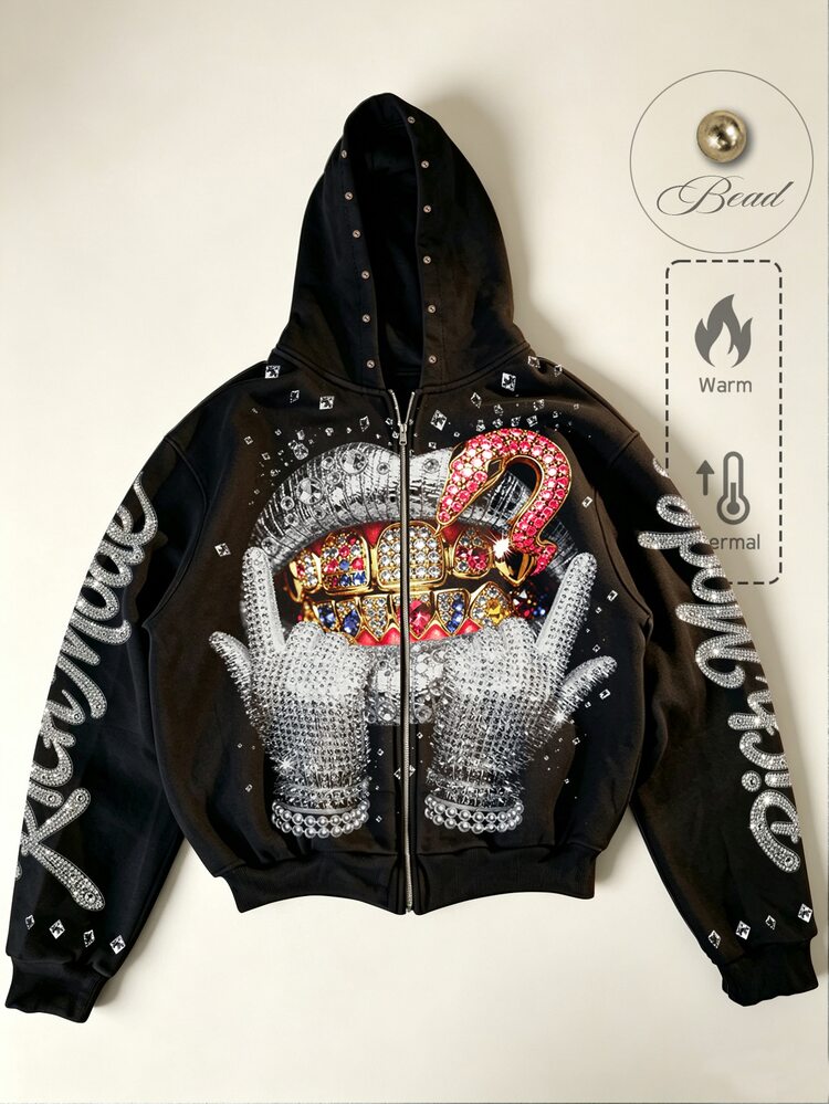 ROMWE MEN 2026 Autumn/Winter New Street Style Cool Men's Graphic Design Brand Sweatshirt Thick Autumn/Winter Unisex Couple Matching Sweatshirt Jacket Vintage American Hooded Sweatshirt - Black - View 1