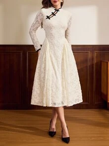 Vintamour Women's Lace Pleated Elegant Waist-Cinching Party Long Dress - Beige - View 6