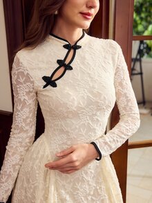 Vintamour Women's Lace Pleated Elegant Waist-Cinching Party Long Dress - Beige - View 7