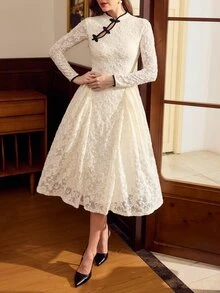 Vintamour Women's Lace Pleated Elegant Waist-Cinching Party Long Dress - Beige - View 8
