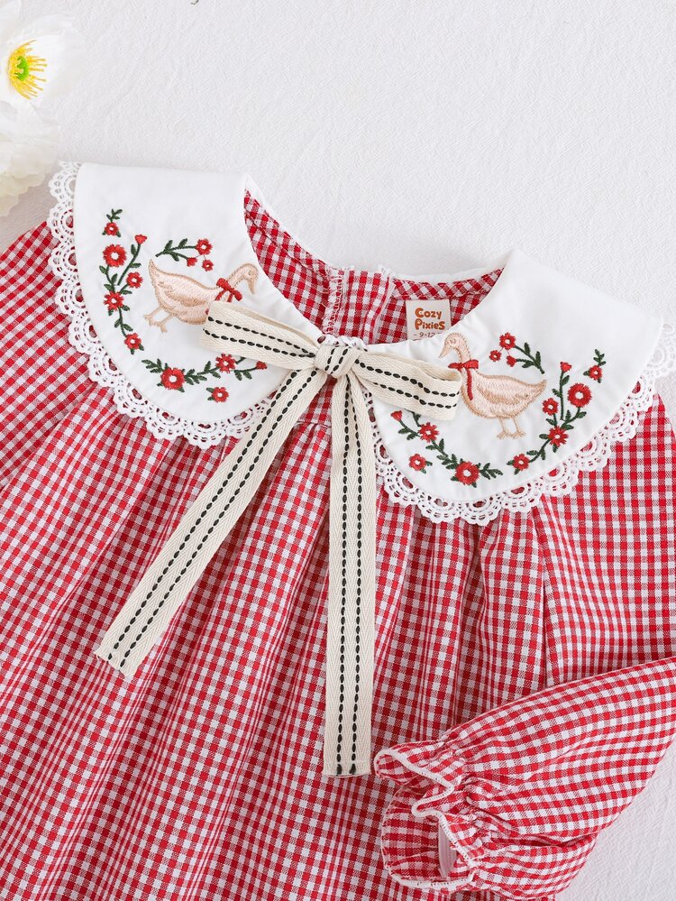 Loomiva Gaun Bayi Perempuan Baru Lahir Motif Bunga Kotak-kotak Merah Kontras Warna Kerah Peter Pan Lengan Panjang, Serbaguna dan Nyaman - Merah - View 3