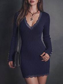 Balvessa Women's Solid Color Contrast Lace V-Neck Long Sleeve Elegant Knit Dress - Navy Blue - View 1