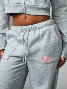 BABYPHAT Logo Wide Leg Sweatpants With Bum Print Drawstring Waist Casual Fleece Jogger Pants Fall Winter Loungewear - Grey - View 4