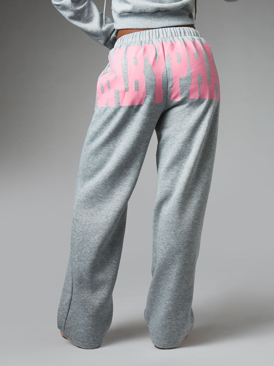 BABYPHAT Logo Wide Leg Sweatpants With Bum Print Drawstring Waist Casual Fleece Jogger Pants Fall Winter Loungewear - Grey - View 1