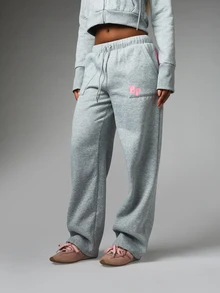 BABYPHAT Logo Wide Leg Sweatpants With Bum Print Drawstring Waist Casual Fleece Jogger Pants Fall Winter Loungewear - Grey - View 2