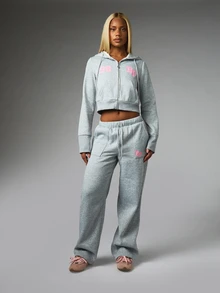 BABYPHAT Logo Wide Leg Sweatpants With Bum Print Drawstring Waist Casual Fleece Jogger Pants Fall Winter Loungewear - Grey - View 3