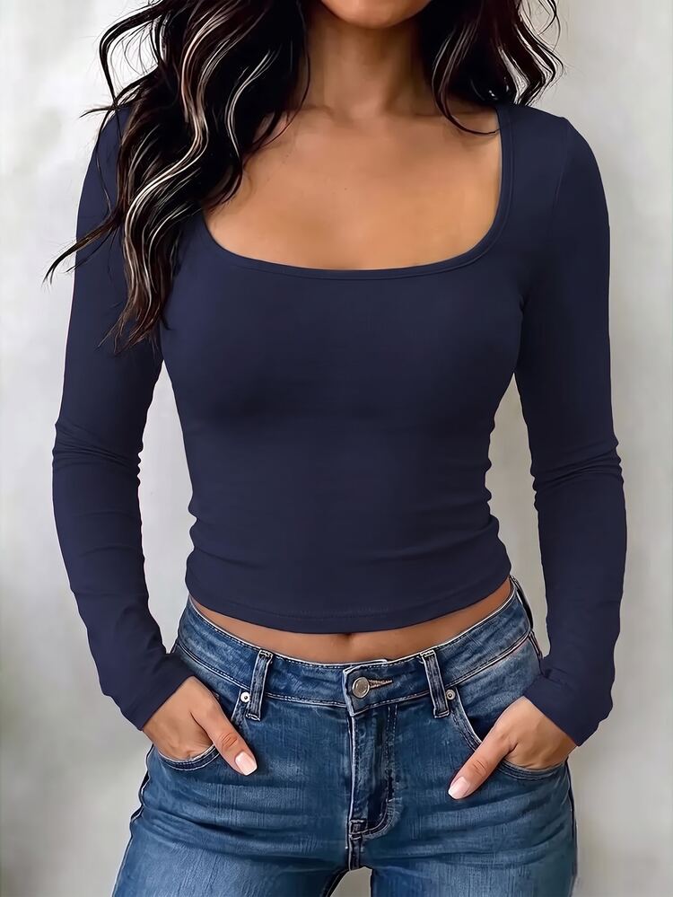 Chiquease Camiseta casual de manga larga y unicolor para mujer - Azul Marino - Añade 1