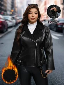 Chikora 大尺碼女款純色PU皮革前拉鍊休閒機車夾克 - 黑色 - 查看 3