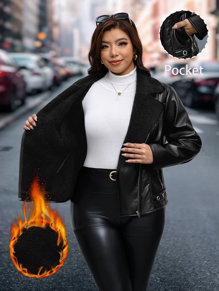 Chikora Plus Size Women's Solid Color PU Leather Zipper Front Casual Motorcycle Jacket - Black - View 1