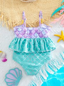 SHEIN Cute Baby Girls Purple Graphic Mermaid Bikini With Ruffle Spaghetti Strap Top And Skirt Bottom - Purple - View 3
