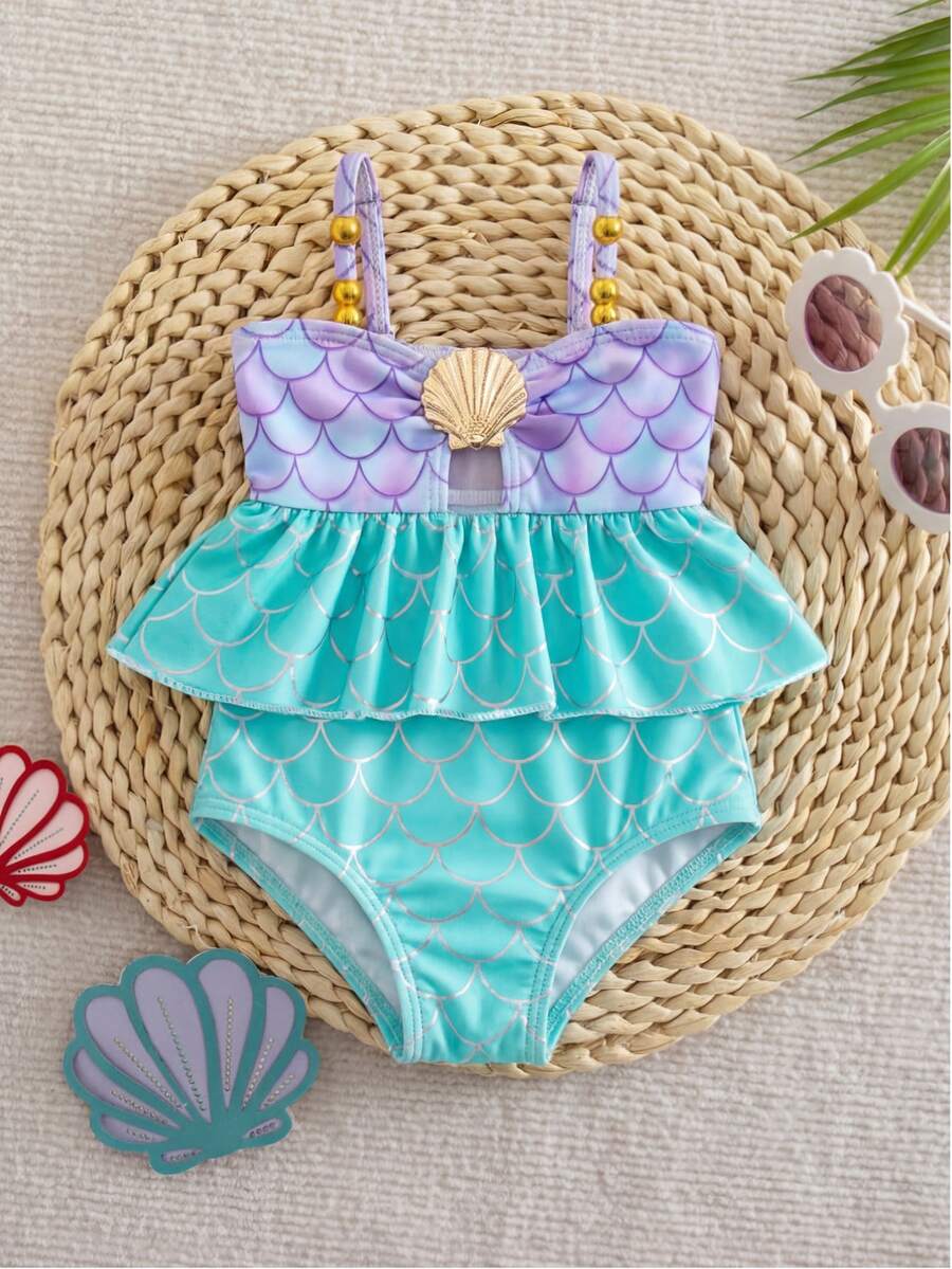 SHEIN Cute Baby Girls Purple Graphic Mermaid Bikini With Ruffle Spaghetti Strap Top And Skirt Bottom - Purple - View 1