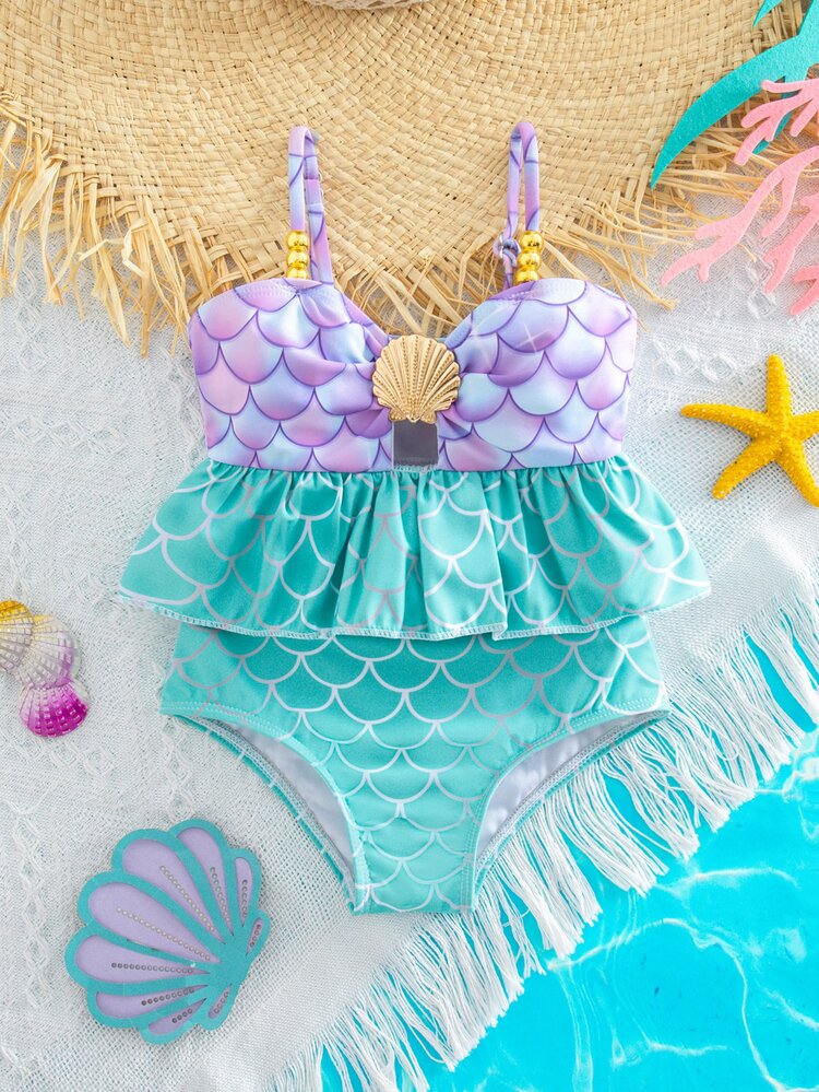 SHEIN Cute Baby Girls Purple Graphic Mermaid Bikini With Ruffle Spaghetti Strap Top And Skirt Bottom - Purple - View 2