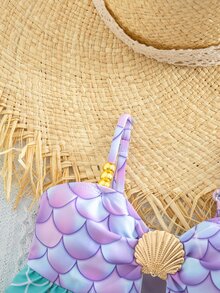SHEIN Cute Baby Girls Purple Graphic Mermaid Bikini With Ruffle Spaghetti Strap Top And Skirt Bottom - Purple - View 6