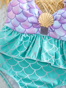 SHEIN Cute Baby Girls Purple Graphic Mermaid Bikini With Ruffle Spaghetti Strap Top And Skirt Bottom - Purple - View 7