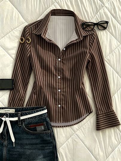 Glimmora Women's Striped Casual Long Sleeve Shirt For Daily Wear
