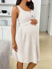 SHEIN Solid Color Button Design Casual Nursing Slip Dress For Pregnant Women World Cup - Beige - View 6
