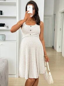 SHEIN Solid Color Button Design Casual Nursing Slip Dress For Pregnant Women World Cup - Beige - View 2