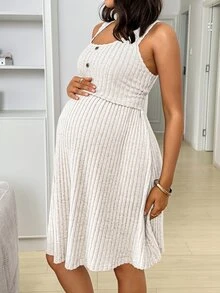 SHEIN Solid Color Button Design Casual Nursing Slip Dress For Pregnant Women World Cup - Beige - View 4