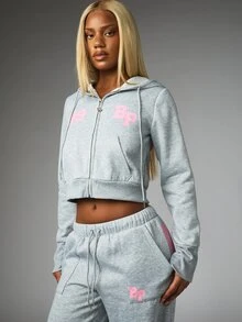 BABYPHAT Sweatshirt Pendek dengan Resleting Penuh, Logo Cetak di Depan dan Grafis Besar di Belakang, Hood dengan Tali Serut, Lengan Panjang, Atasan Sweatshirt Kasual - Grey - View 2