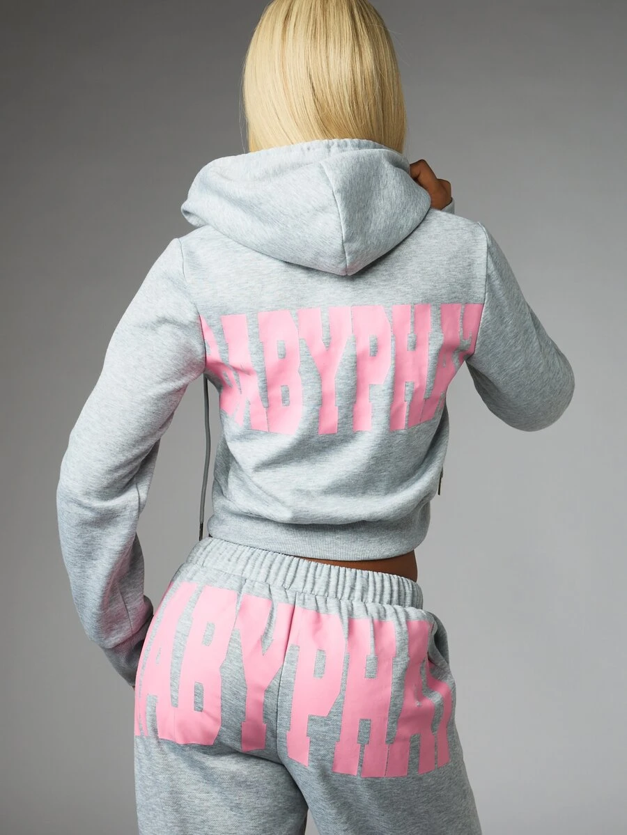 BABYPHAT Sweatshirt Pendek dengan Resleting Penuh, Logo Cetak di Depan dan Grafis Besar di Belakang, Hood dengan Tali Serut, Lengan Panjang, Atasan Sweatshirt Kasual - Grey - View 1