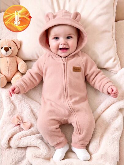 SHEIN Baby Girl Autumn/Winter Double-Sided Fleece Hooded One-Piece Romper, Cute Casual Everyday Wear