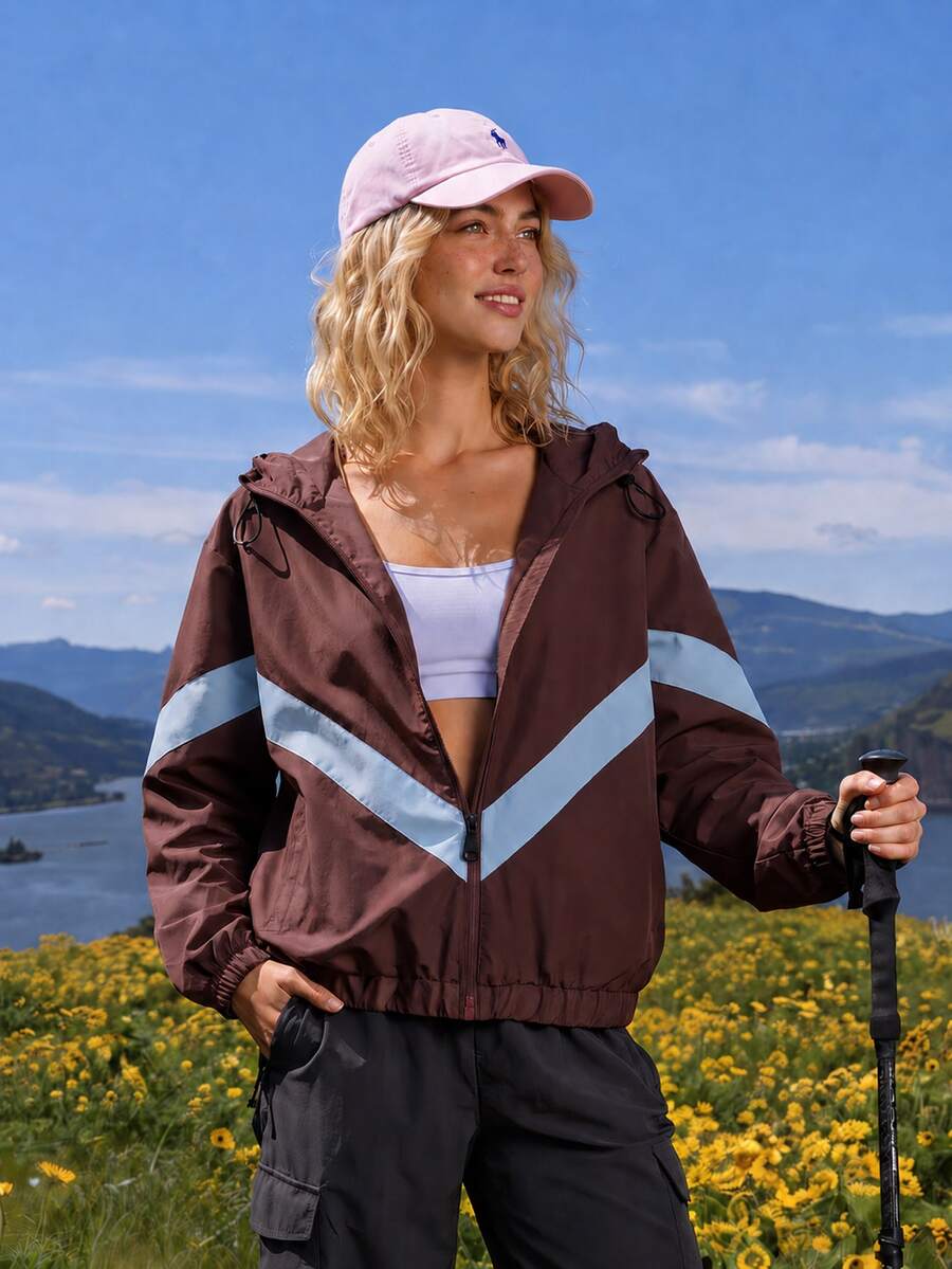 WanderVale Colorblock Patchwork Hooded Sports Jacket - Brown - View 1