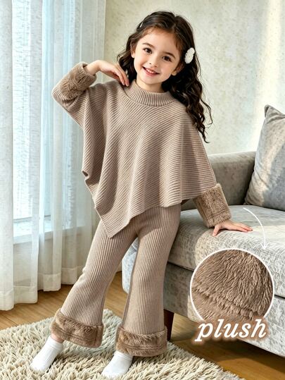 SHEIN Playful Pals Baby Girl Khaki Mock‑Neck Asymmetric Knit 2 Pieces Outfit, Fuzzy Plush Spliced Cuffs & Flare Pant Hem Autumn Winter