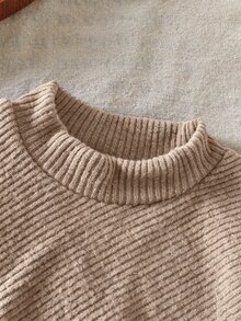 SHEIN Playful Pals 女嬰卡其色假領不對稱針織兩件套，毛茸茸絨毛拼接袖口與喇叭褲腳，秋冬款 - 卡其色 - 查看 5