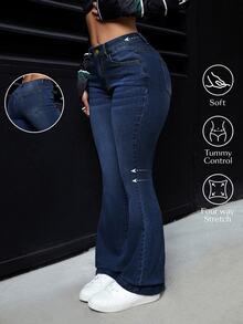 SHEIN CURVE+ Plus Size Women's Casual Daily Flare Jeans With Pockets And Buttons - Blue - View 1