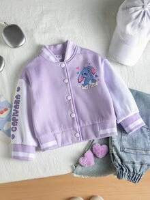 SHEIN Elladie kids 女童可愛娃娃印花棒球夾克，嬰兒白色拼接秋季外套，小女孩卡通鈕扣開襟休閒西式拉鍊運動衫上衣 - 粉色 - 查看 4