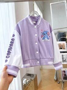 SHEIN Elladie kids 女童可愛娃娃印花棒球夾克，嬰兒白色拼接秋季外套，小女孩卡通鈕扣開襟休閒西式拉鍊運動衫上衣 - 粉色 - 查看 7