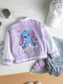 SHEIN Elladie kids 女童可愛娃娃印花棒球夾克，嬰兒白色拼接秋季外套，小女孩卡通鈕扣開襟休閒西式拉鍊運動衫上衣 - 粉色 - 查看 3