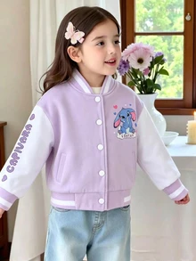 SHEIN Elladie kids 女童可愛娃娃印花棒球夾克，嬰兒白色拼接秋季外套，小女孩卡通鈕扣開襟休閒西式拉鍊運動衫上衣 - 粉色 - 查看 5