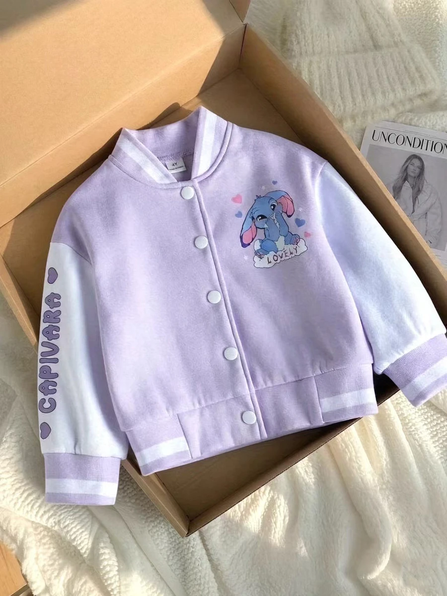 SHEIN Elladie kids 女童可愛娃娃印花棒球夾克，嬰兒白色拼接秋季外套，小女孩卡通鈕扣開襟休閒西式拉鍊運動衫上衣