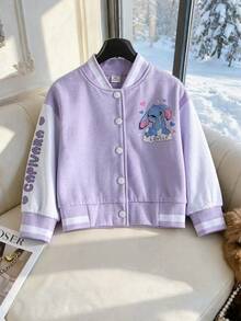 SHEIN Elladie kids 女童可愛娃娃印花棒球夾克，嬰兒白色拼接秋季外套，小女孩卡通鈕扣開襟休閒西式拉鍊運動衫上衣 - 粉色 - 查看 6