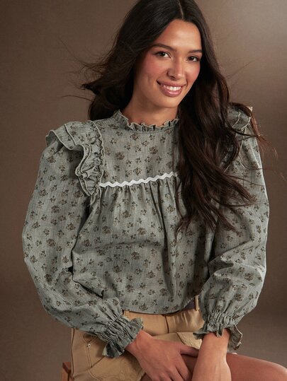 WESTFADE Floral Print Ruffle Yoke Babydoll Blouse, Fall, Autumn, Winter, Female Country Look, Cowgirl Clothing For Women, Western, Brunch, Back To School