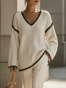 SHEIN Contrast Trim Drop Shoulder Sweater - Apricot - View 3