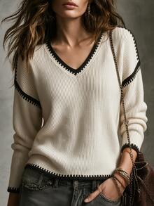 SHEIN Contrast Trim Drop Shoulder Sweater - Apricot - View 1