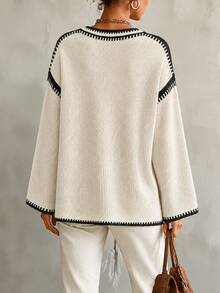 SHEIN Contrast Trim Drop Shoulder Sweater - Apricot - View 2