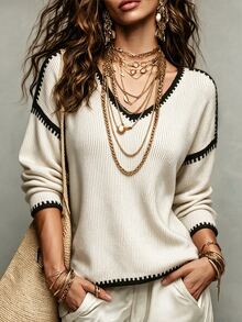 SHEIN Contrast Trim Drop Shoulder Sweater - Apricot - View 4