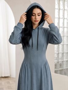 Mulvari Autumn Casual Solid Color Textured Hooded Dress Brunch Dusty Blue - Grey - View 4
