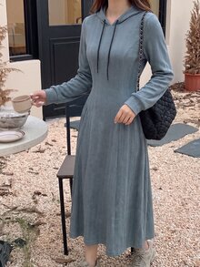 Mulvari Autumn Casual Solid Color Textured Hooded Dress Brunch Dusty Blue - Grey - View 7