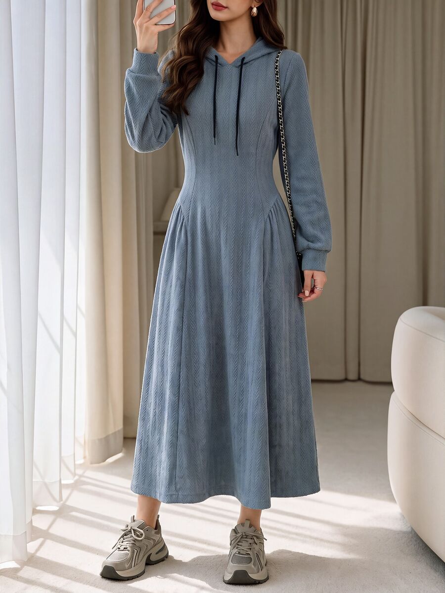 Mulvari Autumn Casual Solid Color Textured Hooded Dress Brunch Dusty Blue
