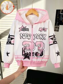 SHEIN 女童連帽抓絨內裡夾克，秋冬新款街頭風 NEW YORK 字母與數字 23 印花外套，對比色羅紋袖口，寬鬆拉鍊前開式棒球夾克，羊羔絨內裡，休閒加厚上衣 - 粉色 - 查看 5